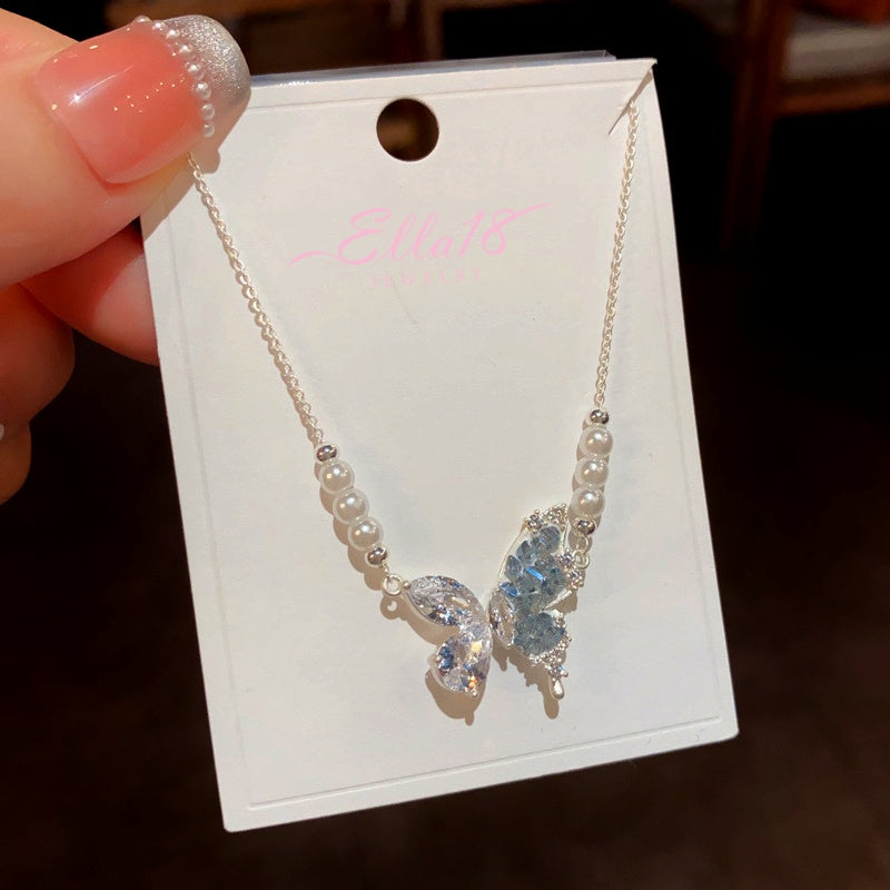 14K Gold-Plated Blue Crystal Splicing Butterfly Pearl Necklaces