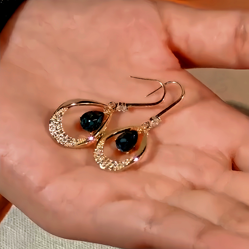 14K Gold-Plated Blue Crystal Water Drop Ear Hook Earrings