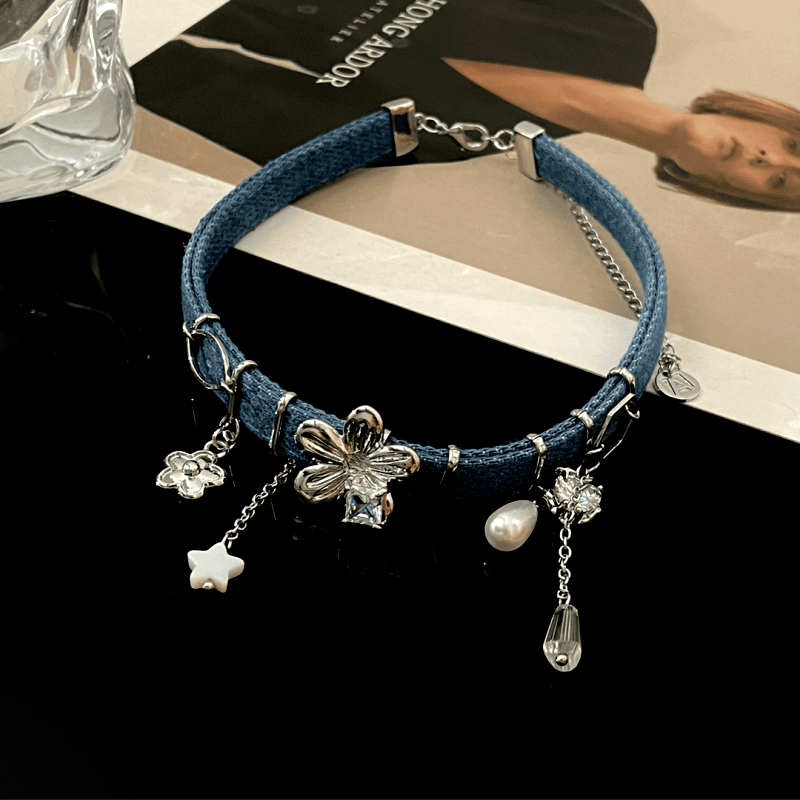 14K Gold-Plated Blue Fabric Tassel Choker