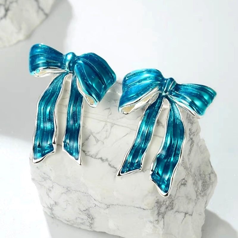14K Gold-Plated Blue Glaze Bow Earrings