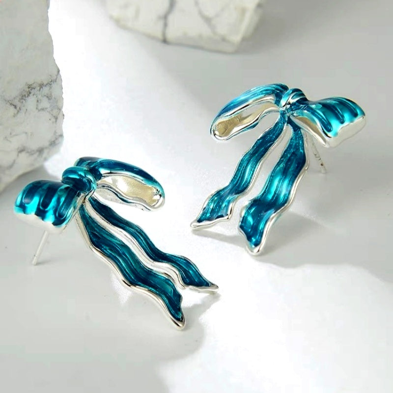 14K Gold-Plated Blue Glaze Bow Earrings