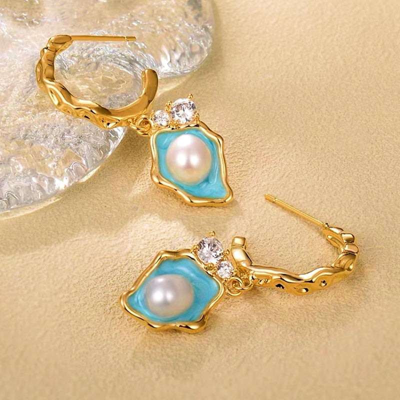 14K Gold-Plated Blue Shell Pearl Earrings