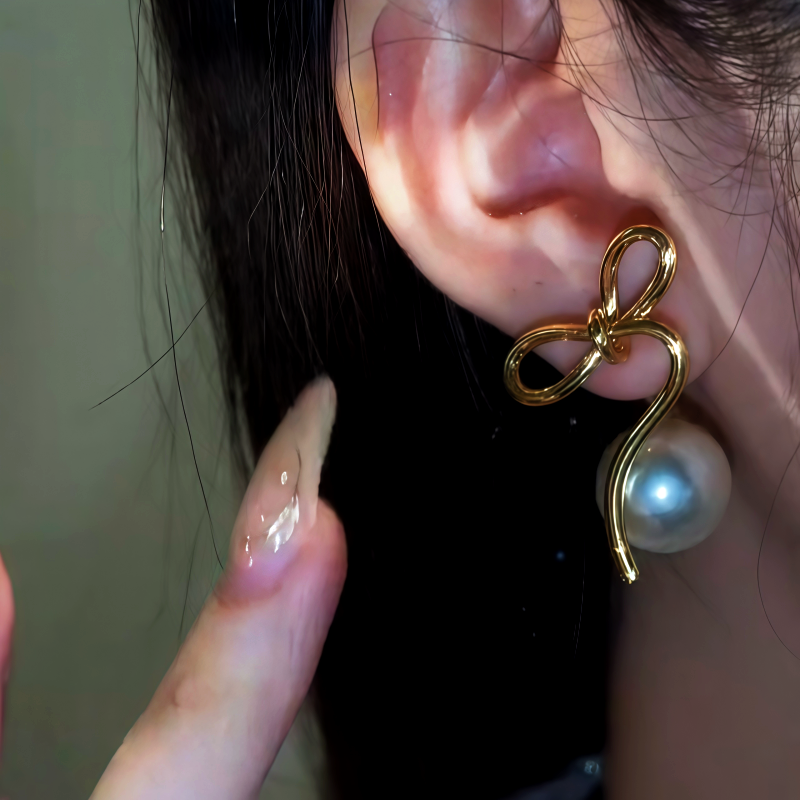 14K Gold-Plated Bow Pearl Earrings