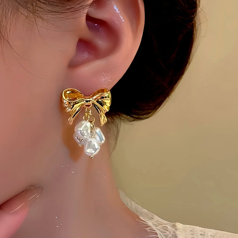 14K Gold-Plated Bow Pearl Tassel Earrings