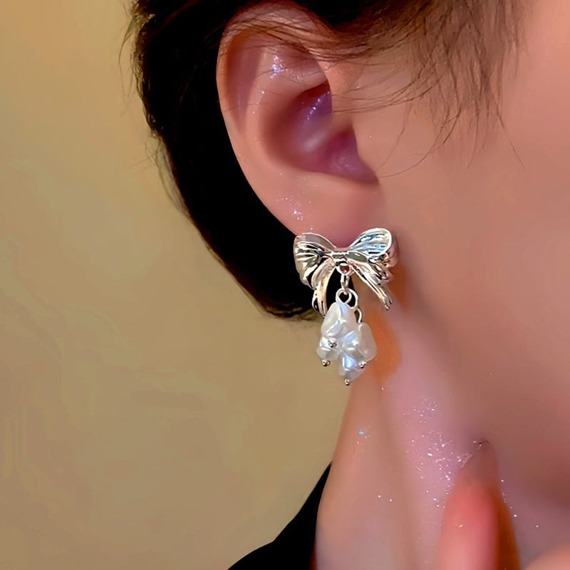 14K Gold-Plated Bow Pearl Tassel Earrings