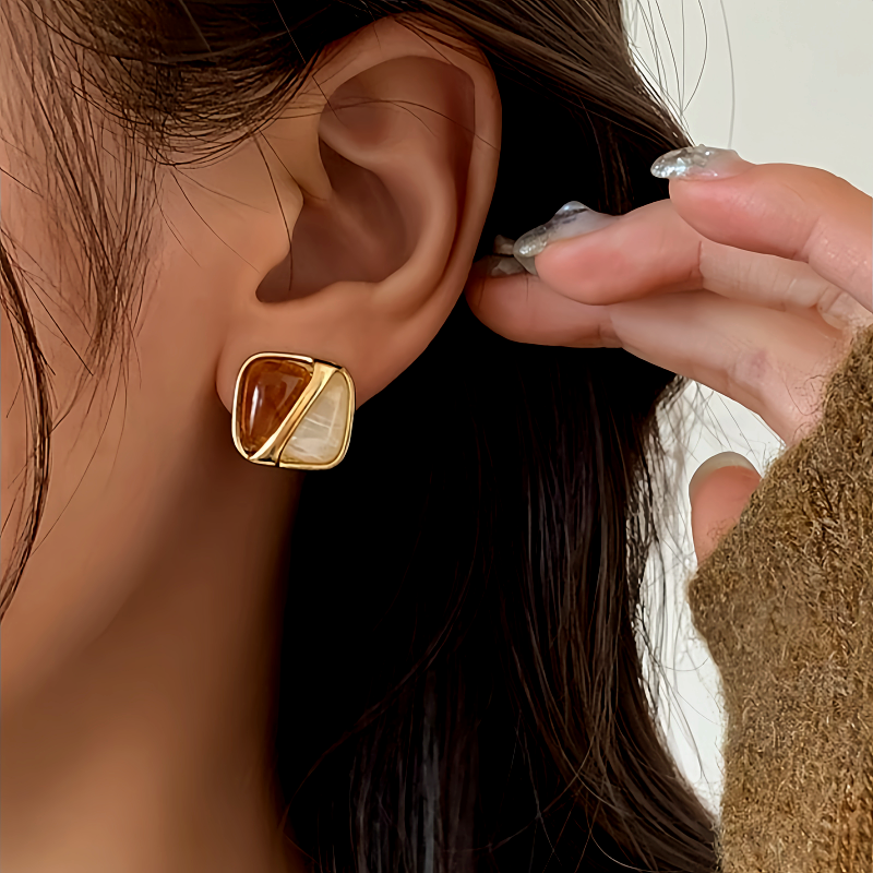 14K Gold-Plated Brown And White Square Earrings