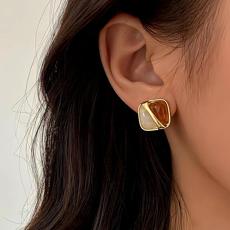 14K Gold-Plated Brown And White Square Earrings