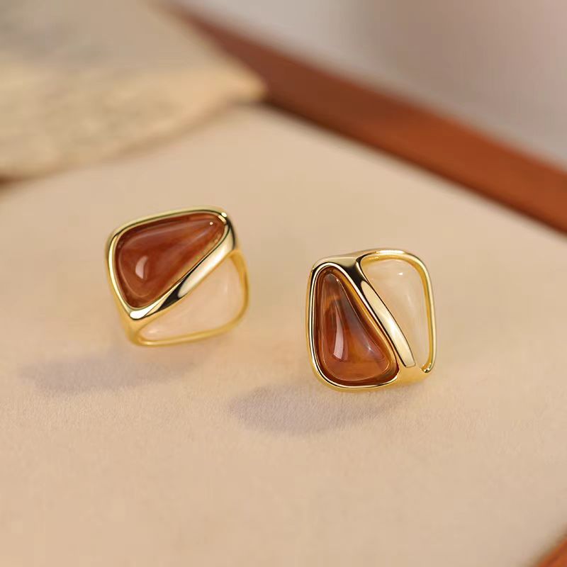 14K Gold-Plated Brown And White Square Earrings
