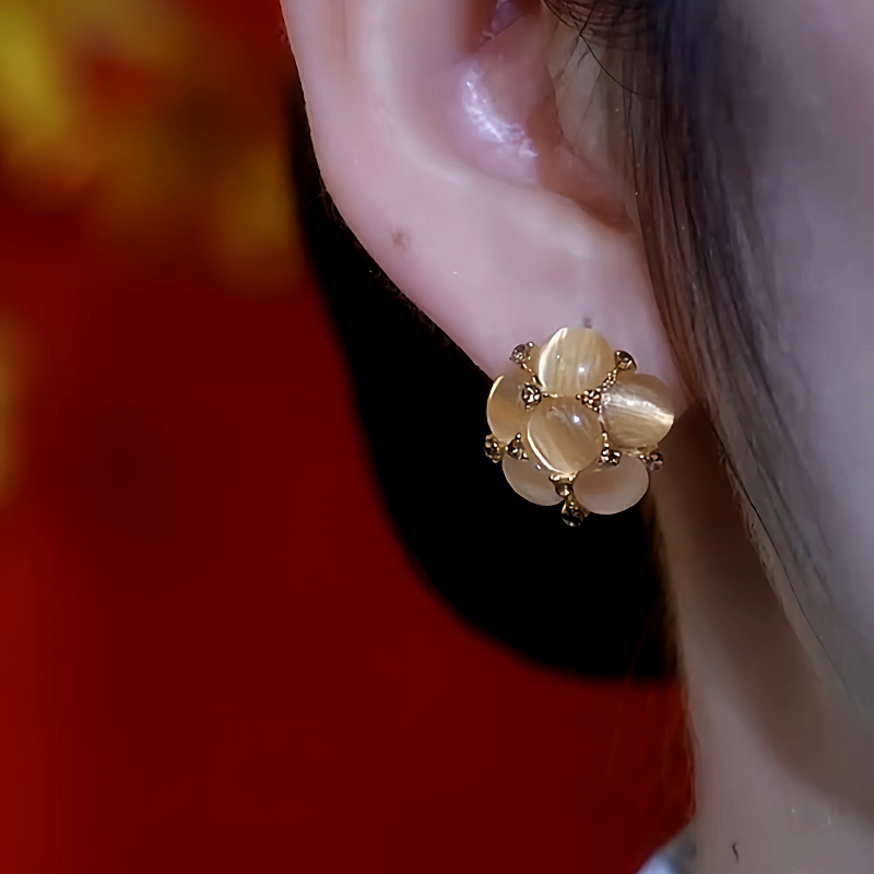 14K Gold-Plated Brown Cat's Eye Flower Earrings