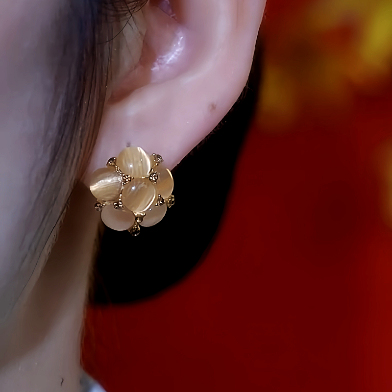14K Gold-Plated Brown Cat's Eye Flower Earrings