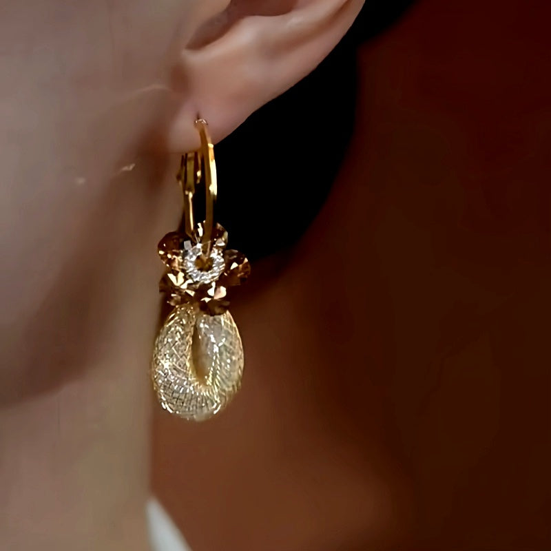 14K Gold-Plated Brown Crystal Flower Mesh Earrings