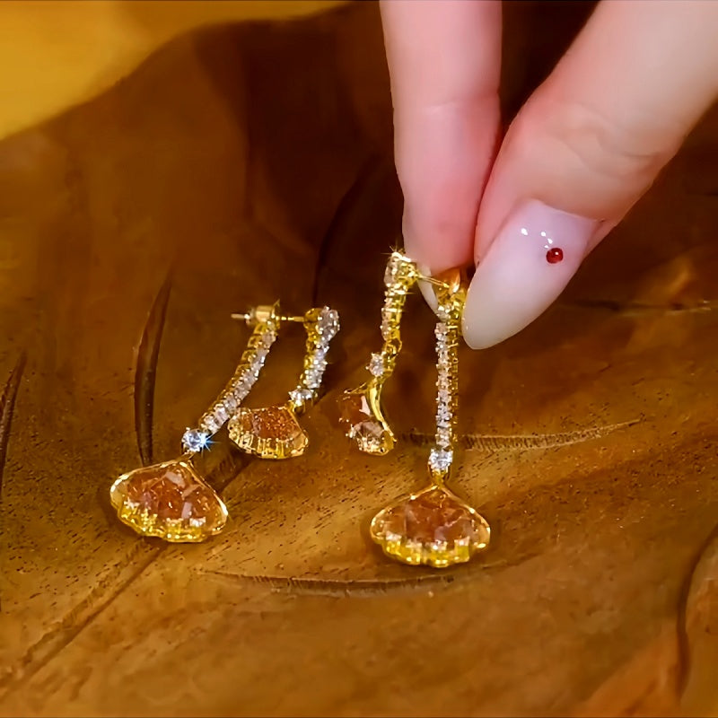 14K Gold-Plated Brown Crystal Ginkgo Leaf Earrings