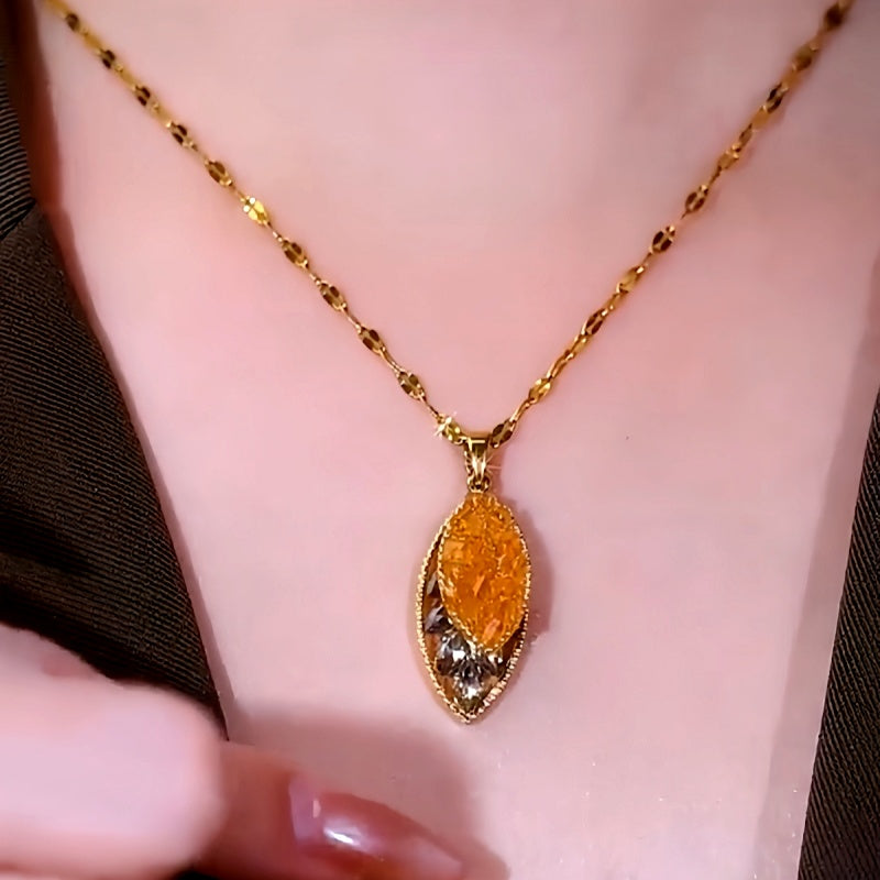 14K Gold-Plated Brown Crystal Leaf Pendant Necklace