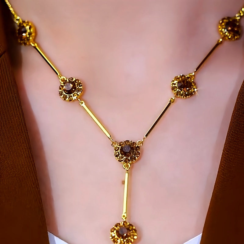 14K Gold-Plated Brown Crystal Tassel Necklace
