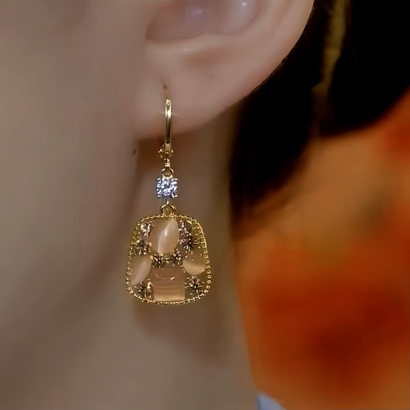 14K Gold-Plated Brown Diamond Cat's Eye Stone Earrings