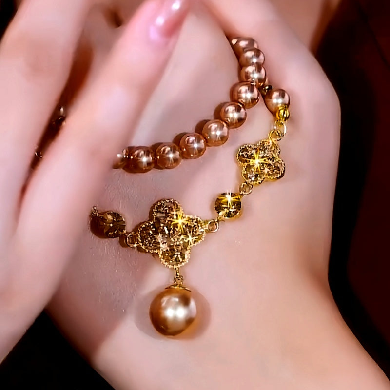 14K Gold-Plated Brown Diamond Four-Leaf Flower Bead Necklace