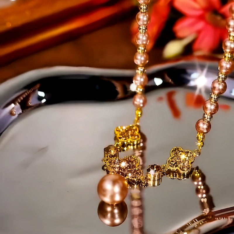 14K Gold-Plated Brown Diamond Four-Leaf Flower Bead Necklace