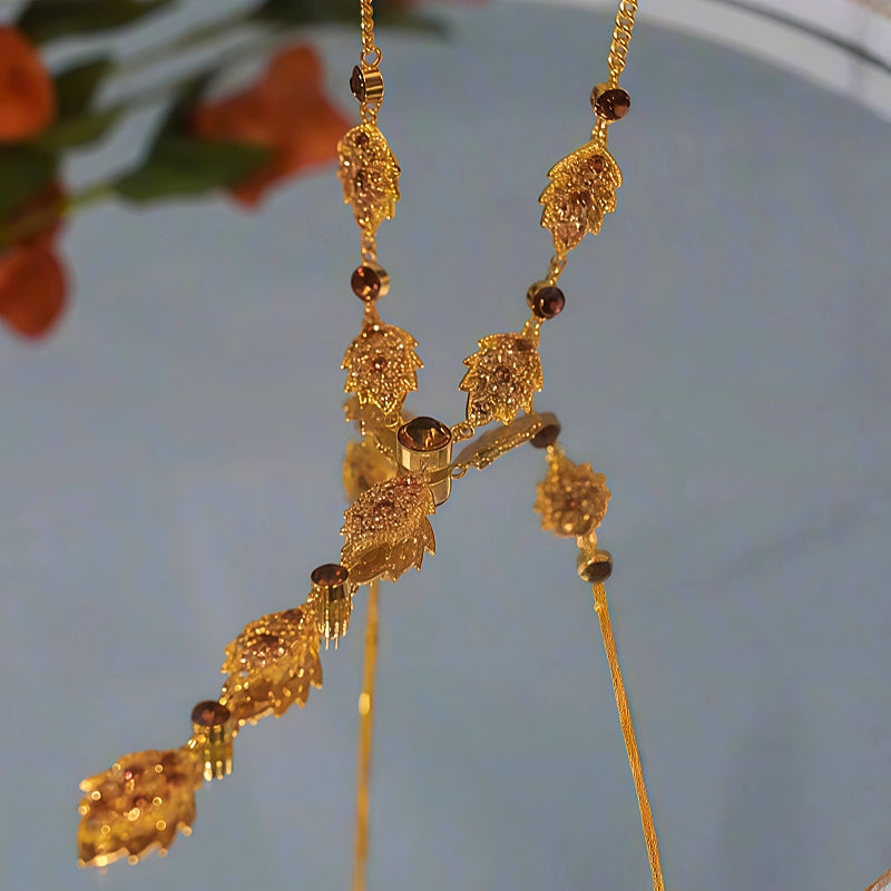 14K Gold-Plated Brown Diamond Leaf Tassel Earrings