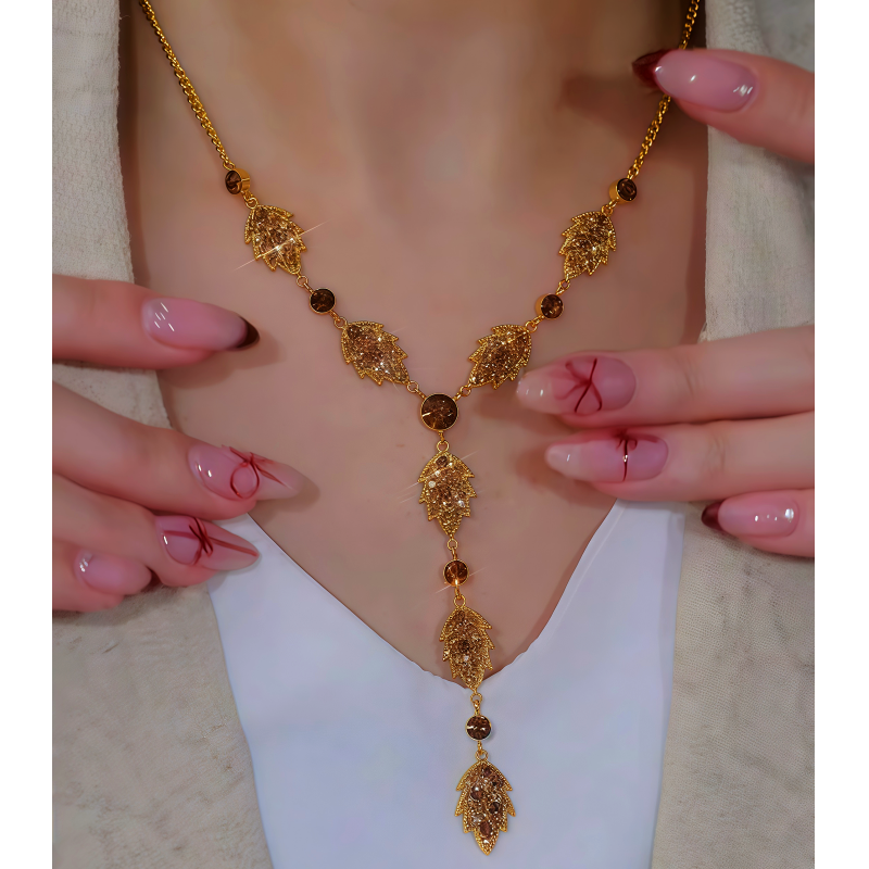 14K Gold-Plated Brown Diamond Leaf Tassel Earrings