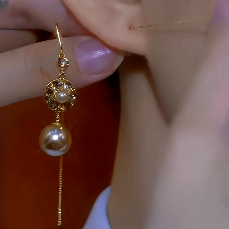 14K Gold-Plated Brown Diamond Pearl Tassel Threader Earrings