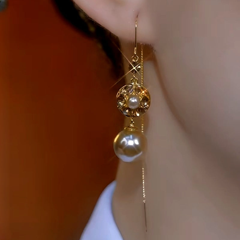 14K Gold-Plated Brown Diamond Pearl Tassel Threader Earrings