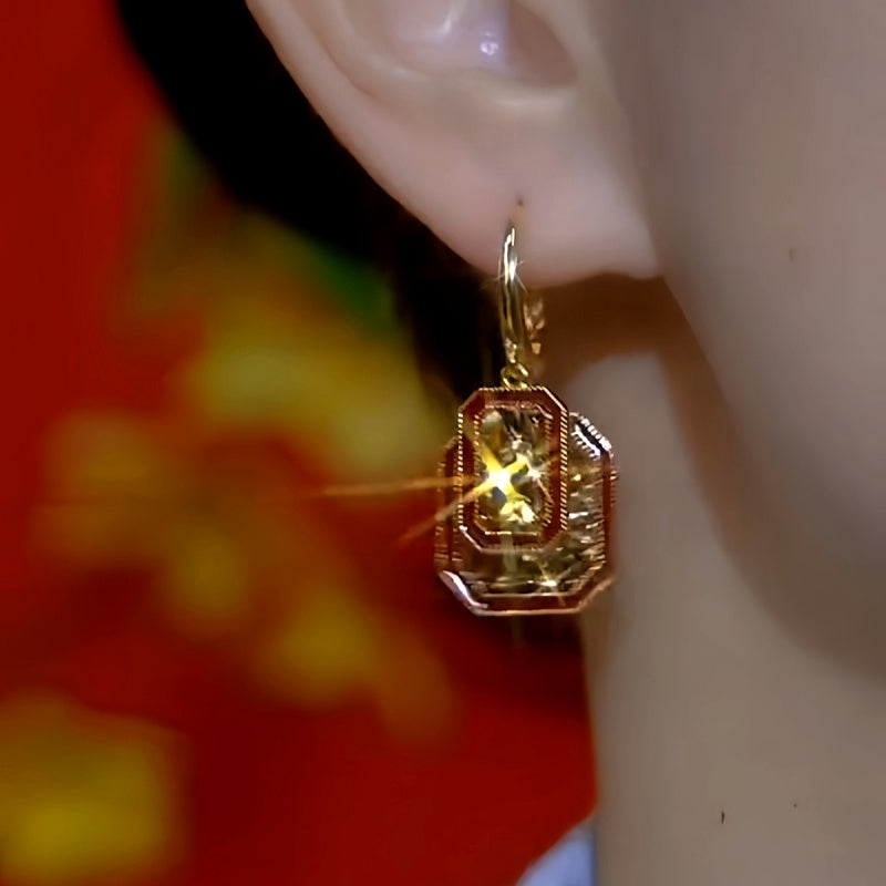 14K Gold-Plated Brown Diamond Red Retro Square Earrings