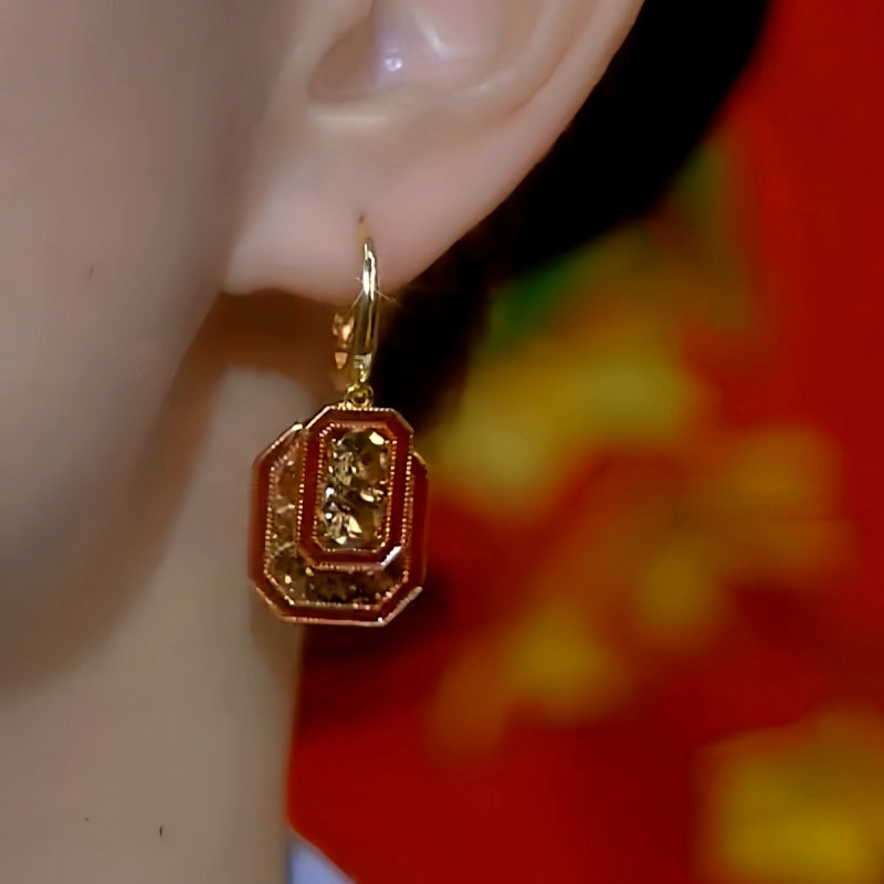 14K Gold-Plated Brown Diamond Red Retro Square Earrings