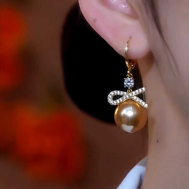 14K Gold-Plated Brown Pearl Diamond Bow Earrings