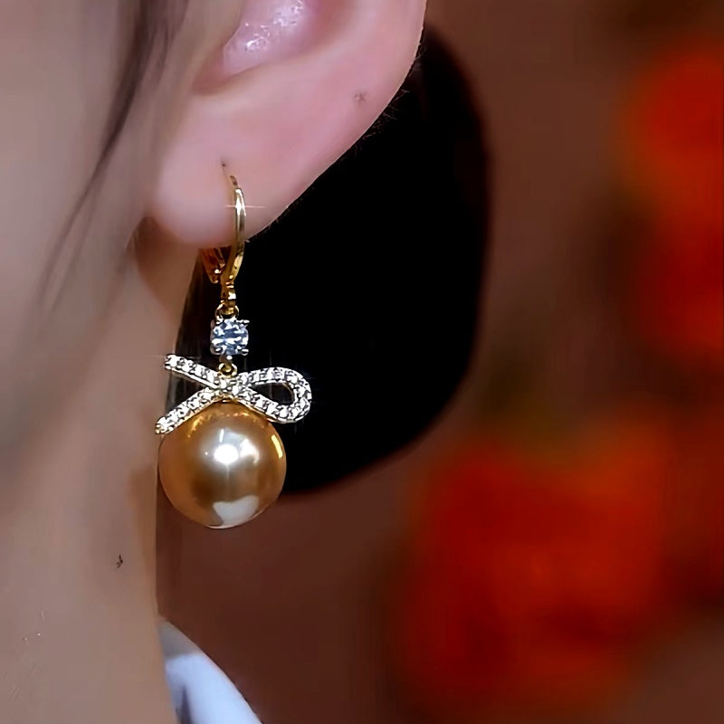 14K Gold-Plated Brown Pearl Diamond Bow Earrings