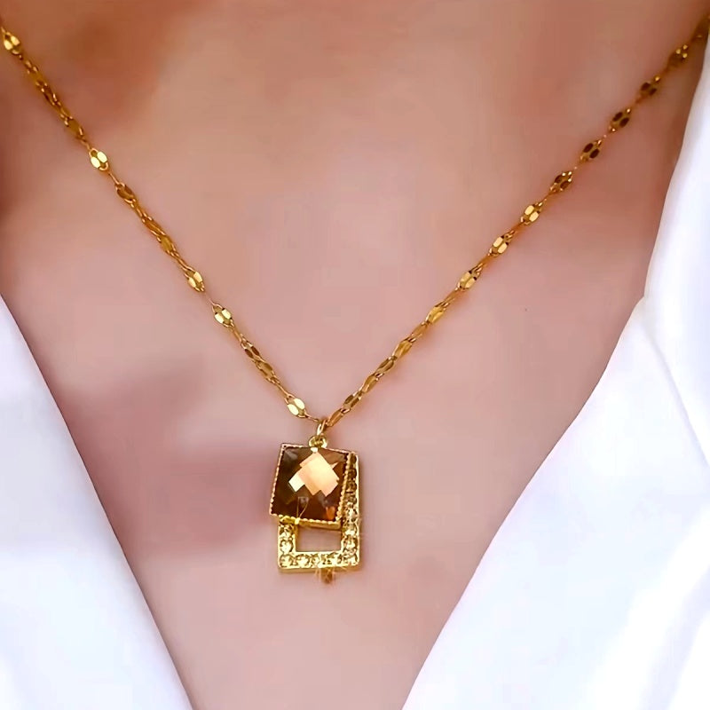 14K Gold-Plated Brown Square Crystal Necklaces