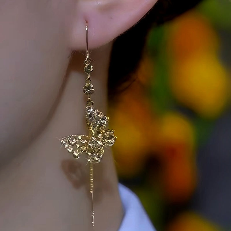 14K Gold-Plated Brown Zircon Diamond Butterfly Threader Tassel Earrings