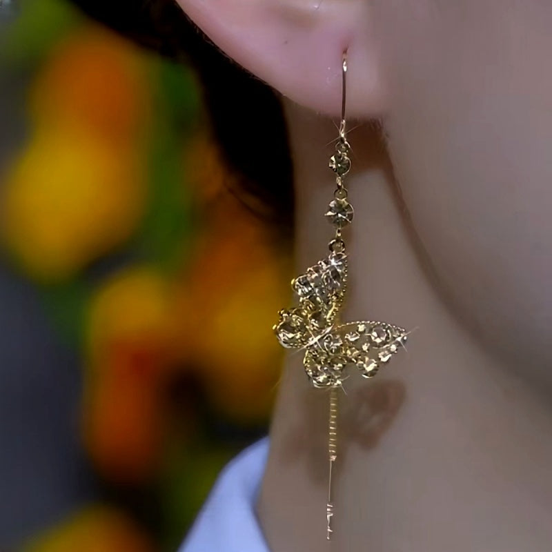 14K Gold-Plated Brown Zircon Diamond Butterfly Threader Tassel Earrings