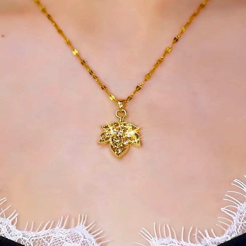 14K Gold-Plated Brown Zircon Diamond Maple Leaf Necklace