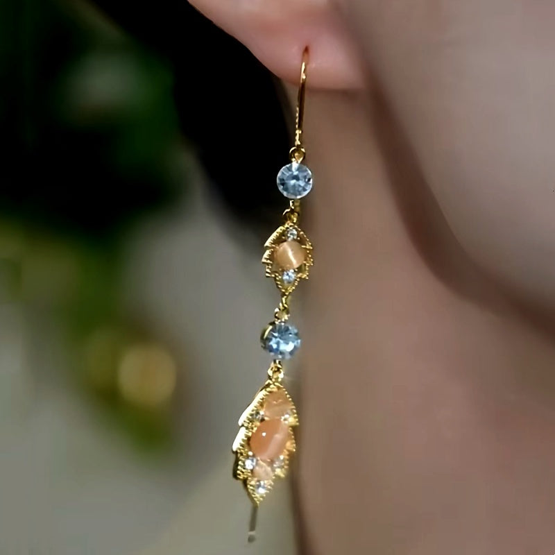 14K Gold-Plated Brown Zircon Double Jade Leaf Threader Tassel Earrings