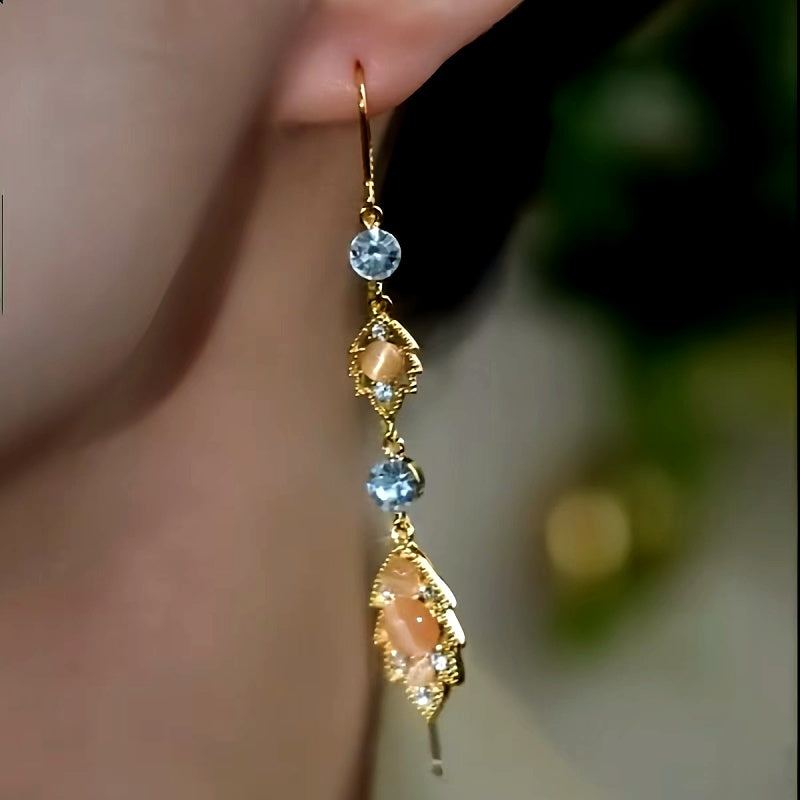 14K Gold-Plated Brown Zircon Double Jade Leaf Threader Tassel Earrings
