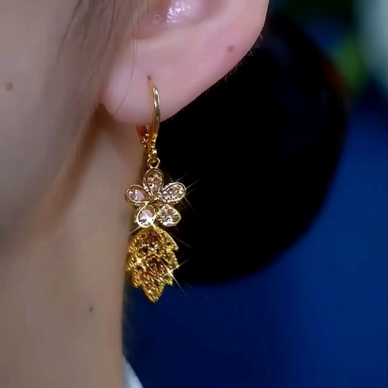 14K Gold-Plated Brown Zircon Flower Leaf Tassel Earrings