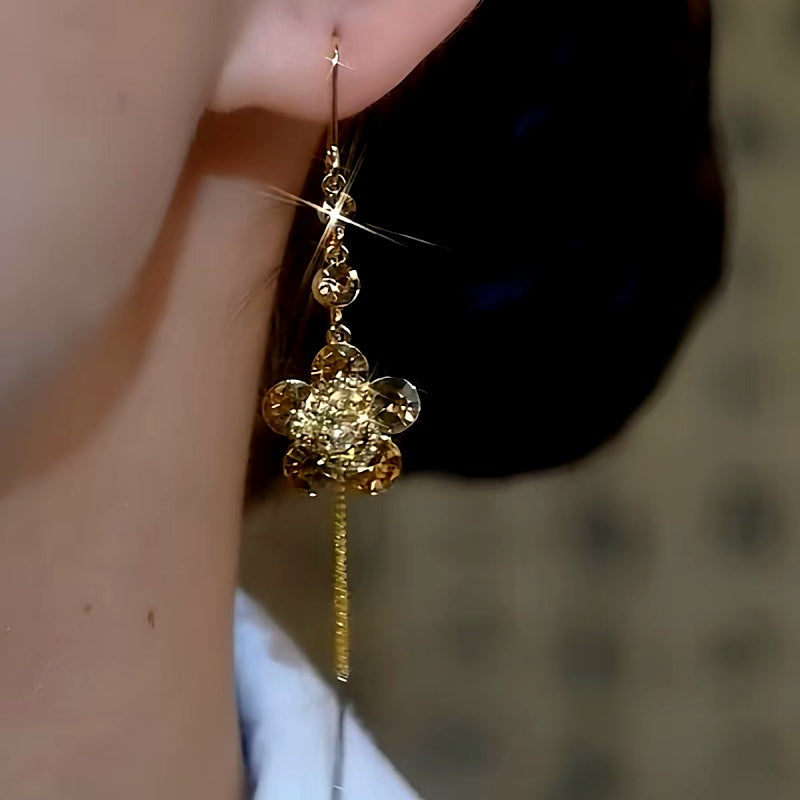 14K Gold-Plated Brown Zircon Flower Tassel Threader Earrings