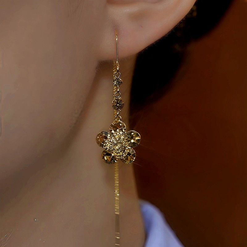 14K Gold-Plated Brown Zircon Flower Threader Earrings