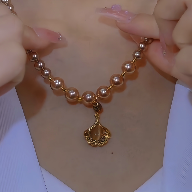 14K Gold-Plated Brown Zircon Ginkgo Diamond Leaf Pearl Necklace