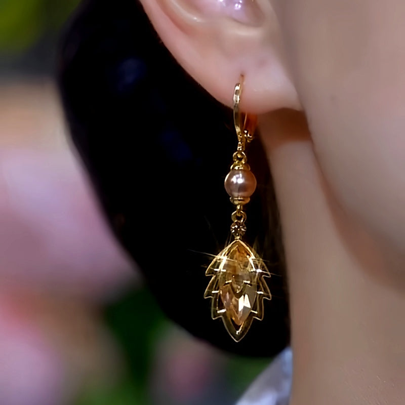 14K Gold-Plated Brown Zircon Jade Leaf Pearl Earrings