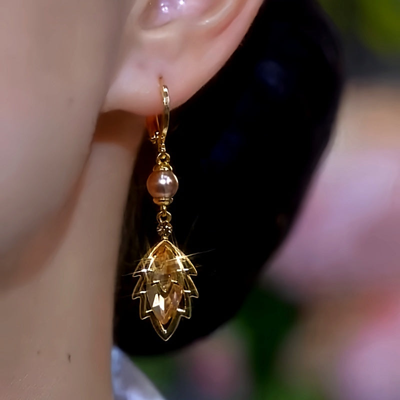 14K Gold-Plated Brown Zircon Jade Leaf Pearl Earrings
