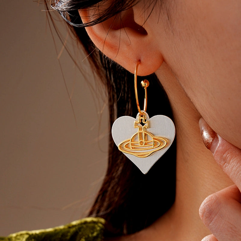 14K Gold-Plated Brushed Heart Saturn Earrings
