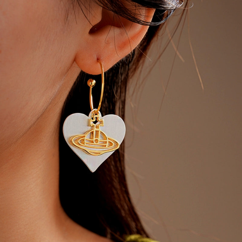 14K Gold-Plated Brushed Heart Saturn Earrings