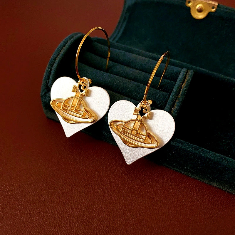 14K Gold-Plated Brushed Heart Saturn Earrings