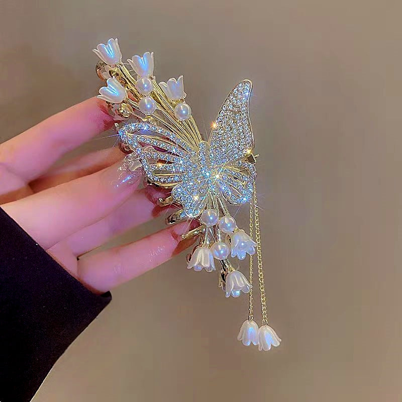 14K Gold-Plated Butterfly Flower Tassel Hair Clip