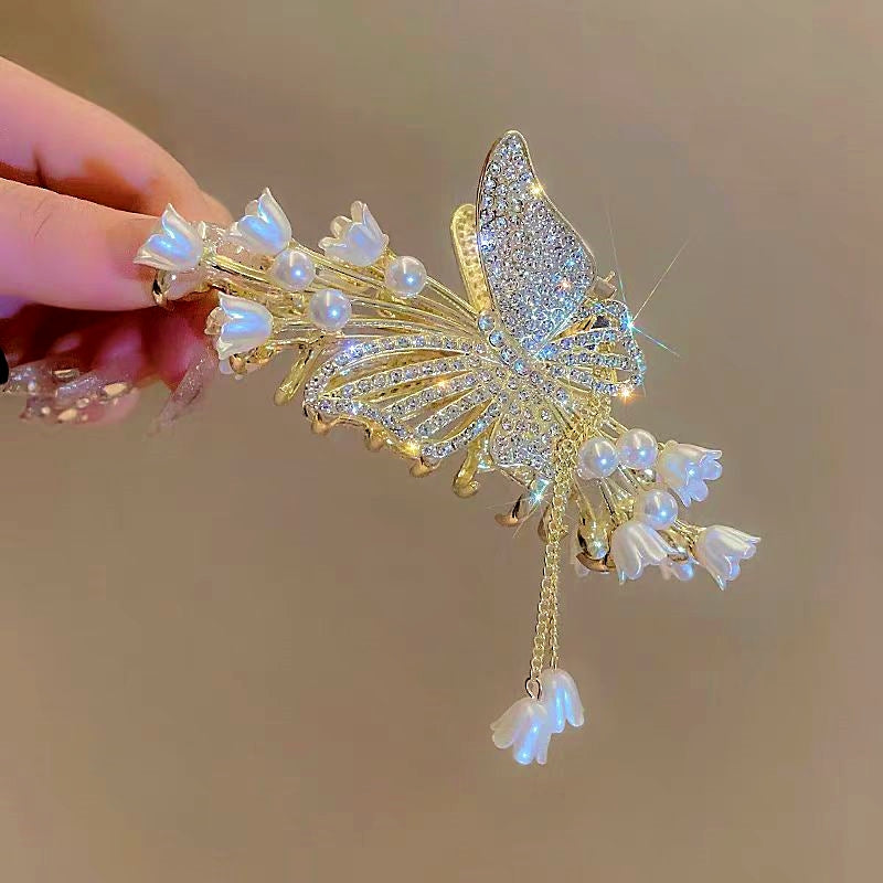 14K Gold-Plated Butterfly Flower Tassel Hair Clip