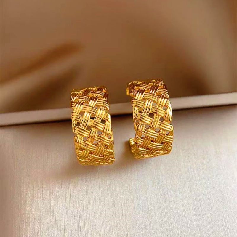14K Gold-Plated C-Shaped Woven Pattern Earrings