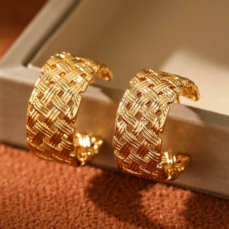 14K Gold-Plated C-Shaped Woven Pattern Earrings