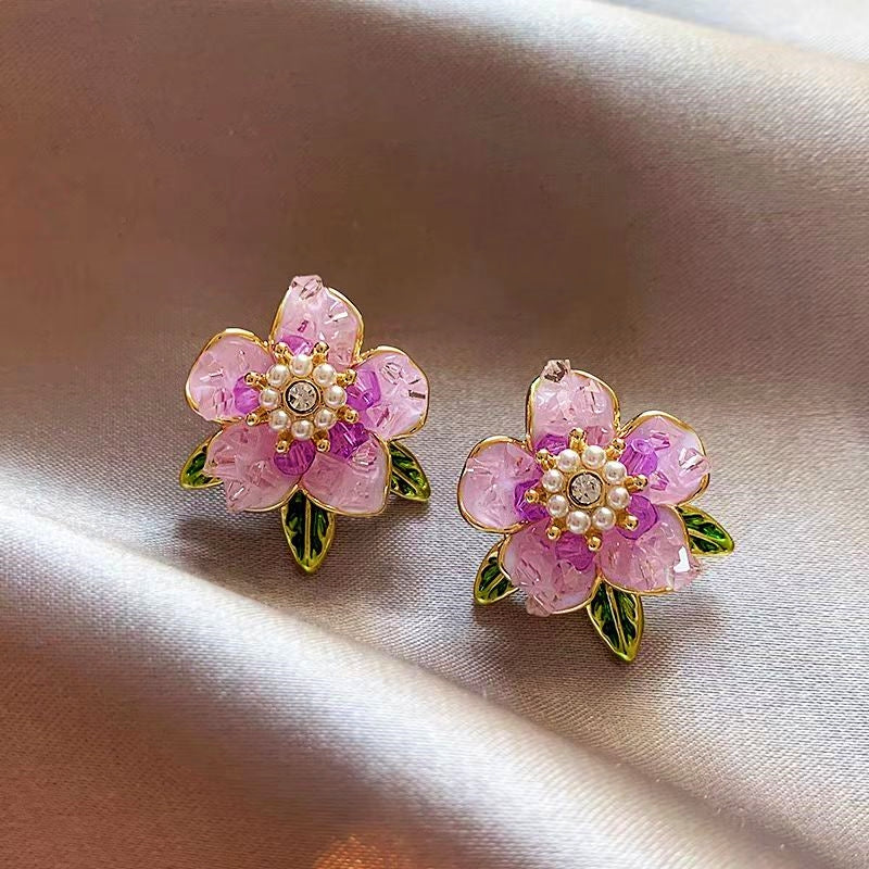 14K Gold-Plated Camellia Crystal Earrings