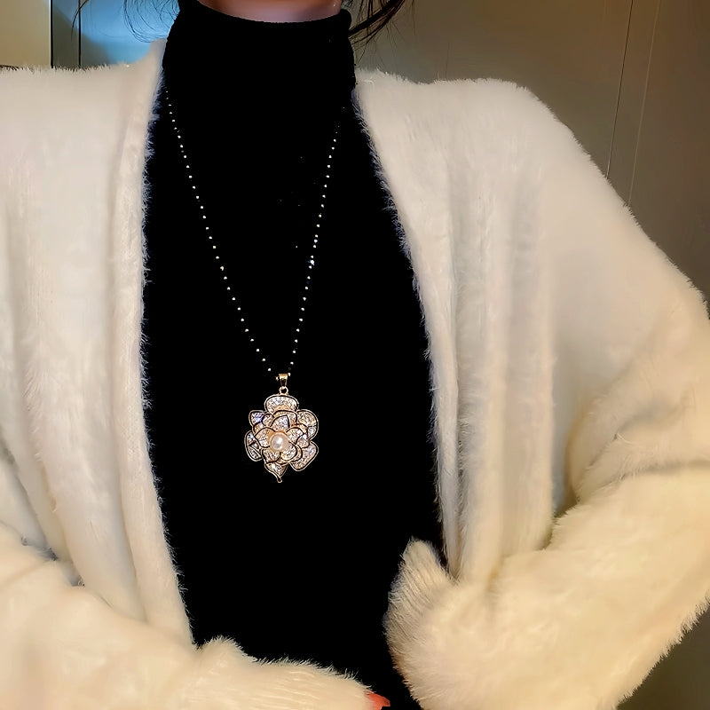14K Gold-Plated Camellia Sweater Chain With Diamond Necklace